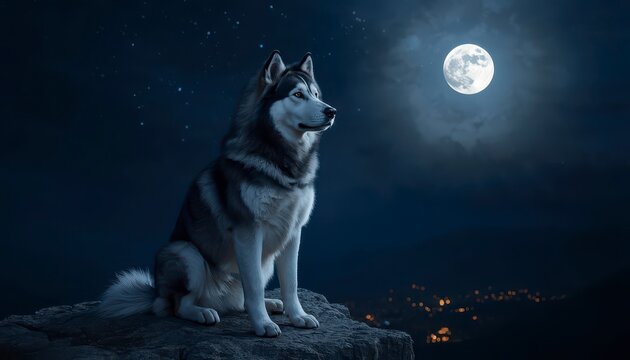 Siberian husky dog sitting majestically on rock cliff under full moon in night sky
