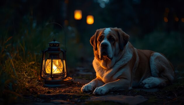 Saint Bernard dog resting peacefully next to glowing vintage lantern outdoors at night