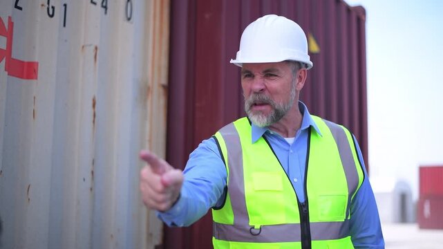 Engineers wearing safety helmets and high visibility clothing discussing logistics and inspecting shipping terminal representing container management freight.