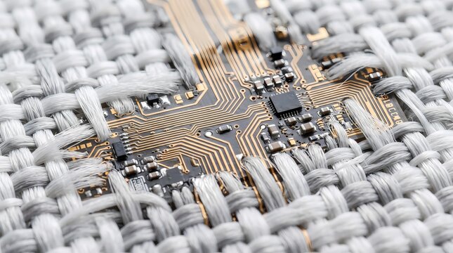 Flexible electronic circuit board woven directly into white fabric weave for smart textiles and wearable electronics technology concept