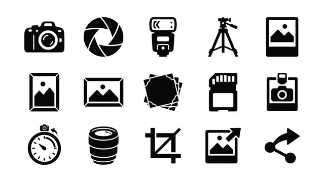 Set of photography related icons featuring cameras lenses and editing tools