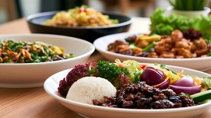 Fototapeta premium A vibrant spread of colorful Asian dishes served on a wooden table featuring rice stir fried vegetables and savory meat dishes