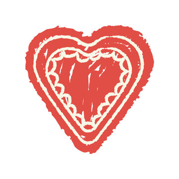 Red textured heart illustration with hand-drawn lacy borders isolated on a white background. 