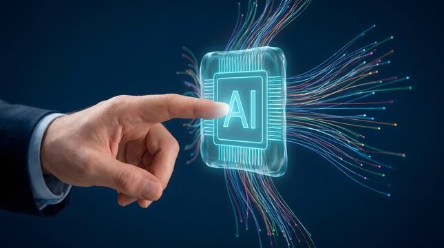 A businessman touching a glowing cyan AI microchip with vibrant fiber optic light strands.