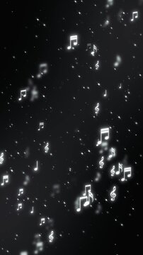 music notes and glowing star lights flying on dark background animation ,song, black and white music and concert stream vertical social media motion background