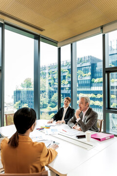 Business Professionals Discuss Strategy During Meeting in Modern Office