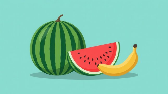Flat Vector Illustration of a Whole Watermelon, a Red Slice, and a Yellow Banana on a Blue Background