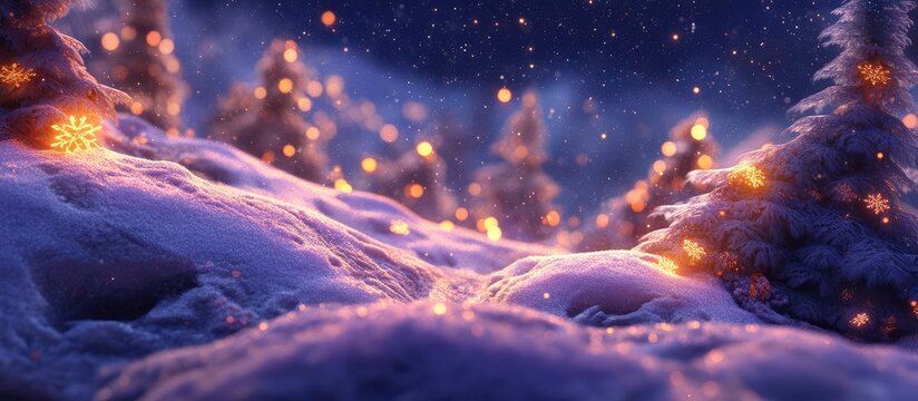 Magical Winter Night Forest with Glowing Fairy Lights on Snow Covered Pine Trees in a Fantasy Landscape