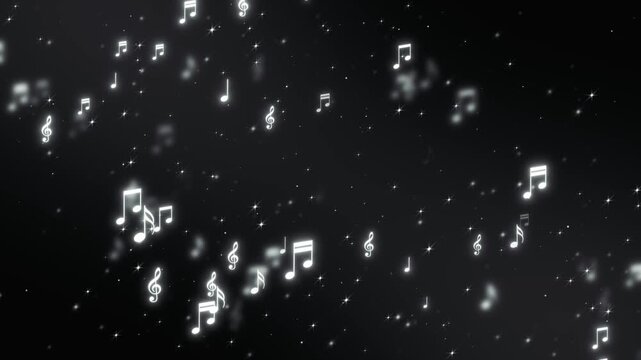 music notes and glowing star lights flying on dark background animation ,song, black and white music and concert stream social media motion background