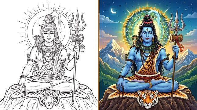 Lord Shiva meditating in lotus position holding a trident on a tiger skin in the Himalayas