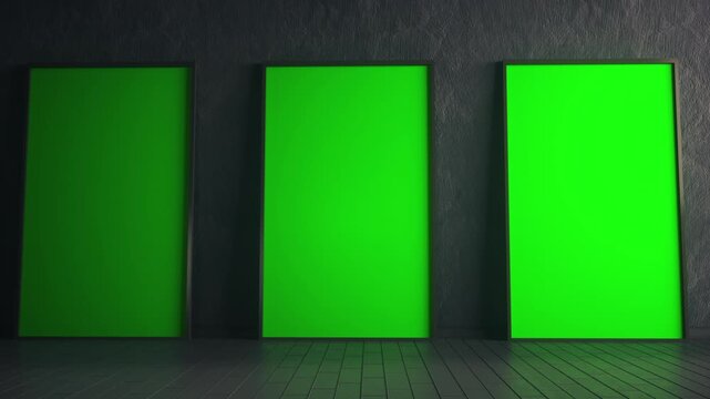Three Green Screen Poster Frames in Modern Dark Interior Mockup