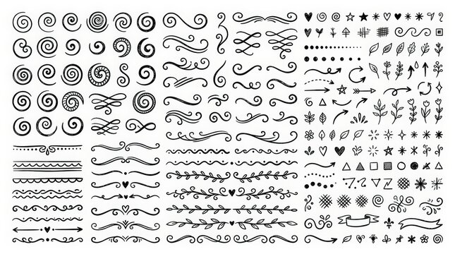 Hand drawn decorative flourishes and swirl elements, vintage black ink dividers and borders, collection of hand-sketched floral ornaments and arrows