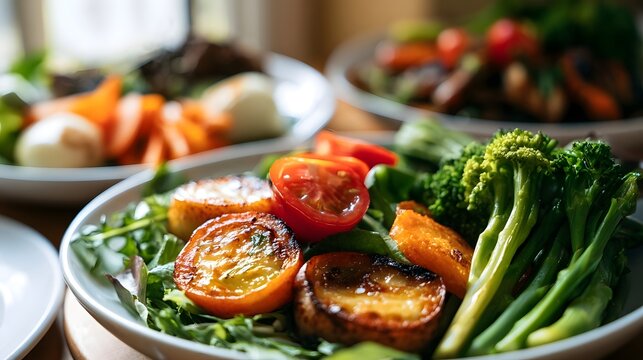 A vibrant plate of roasted vegetables including tomatoes  broccolini  and root vegetables atop fresh greens