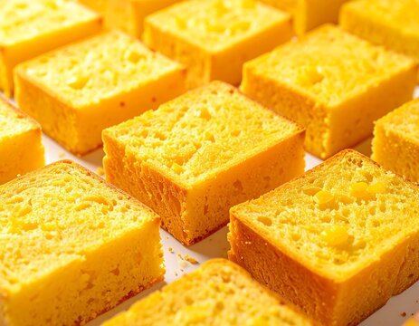 Cubed yellow sweet cornbread cake. Freshly baked bohope bapone traditional golden sponge dessert cut into square pieces for sweet snack.