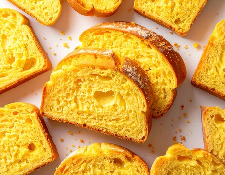 Sliced yellow sweet cornbread cake. Freshly baked bohope bapone traditional golden sponge dessert in arched shape for food photography.