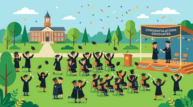 Diverse graduates celebrating with diplomas outdoors in front of a school building