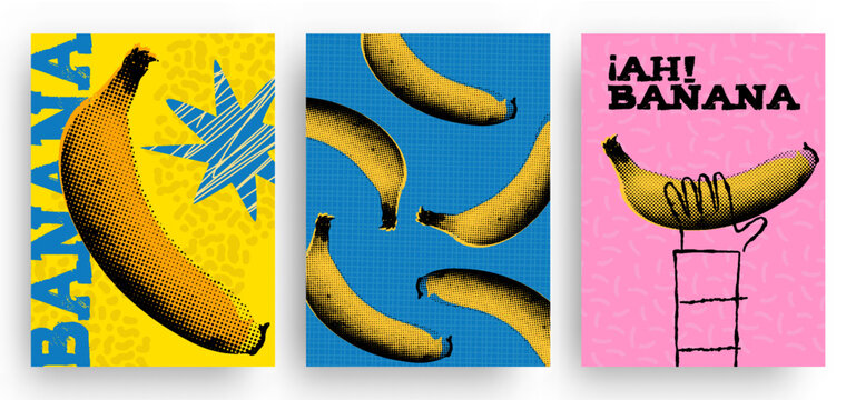 Set of fun pop art style bananas with a retro halftone effect. Doodle drawing of a human hand holding a yellow fruit; vector illustration.