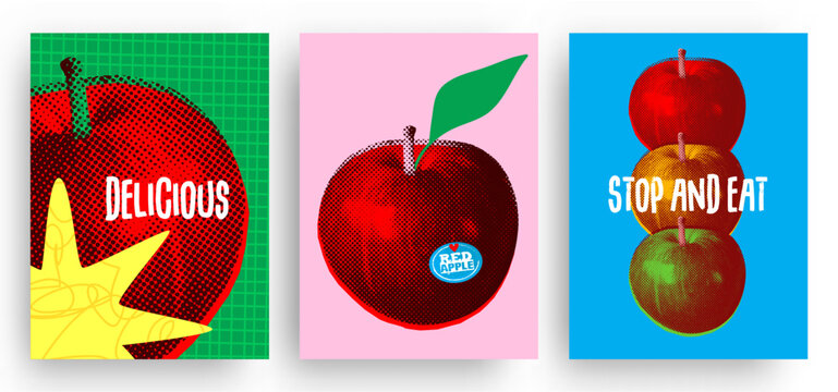 Colorful pop art style poster set with delicious red apples in halftone collage texture, vector illustration. Ideal for pattern, print, card, fabric, banner, cover.