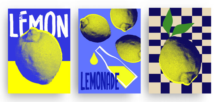 Colorful pop art style poster set with fresh yellow lemons in halftone collage texture, vector illustration. Ideal for pattern, print, card, fabric, banner, cover.