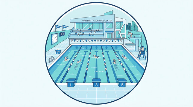 People swimming in lanes at an indoor university aquatics center pool