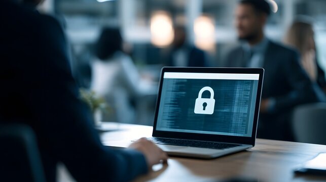 A person works on a laptop displaying a lock icon  suggesting secure data handling in a modern office environment