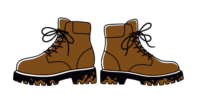 monoline cartoon of muddy hiking boots laced up