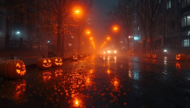 Glowing jack o lanterns lining a wet city street during a foggy and dark halloween night