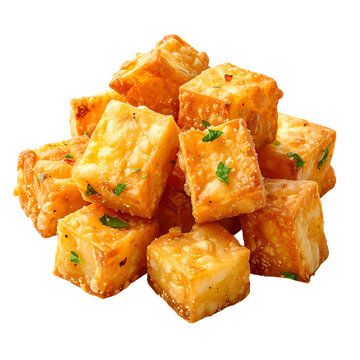 Crispy fried mendoan tempeh cubes isolated on white background