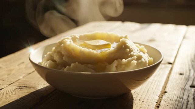 Delicious steaming bowl of fluffy mashed potatoes with melted butter on a rustic wooden table