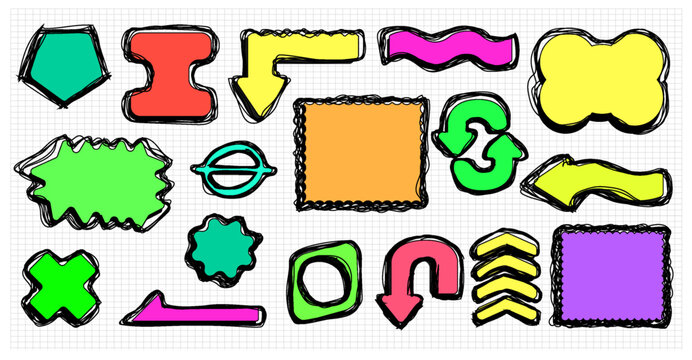 Different shapes and symbols are placed on a grid pattern background. Colors include red, green, orange, yellow, blue, and pink. The shapes include hexagons, arrows, and circles.