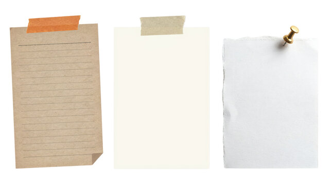 Three blank paper sheets with orange tape, beige masking tape, and a gold metal push pin for notes and reminders isolated on a transparent background