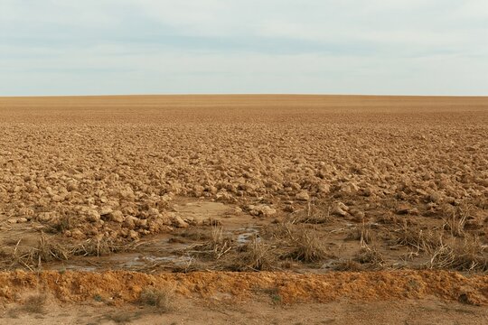 Ploughed winter field with frozen clods of soil under a muted grey sky, featuring a rural and austere landscape for agriculture