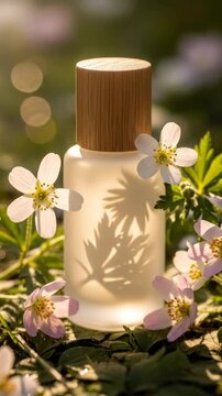 Frosted glass cosmetic bottle with wooden cap surrounded by white and pink spring flowers in golden sunlight, natural skincare and fragrance concept
