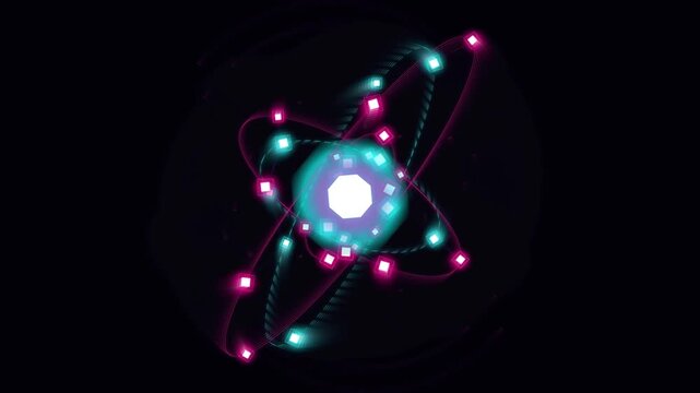 Atom Model with Neon Glowing Particles Digital Illustration