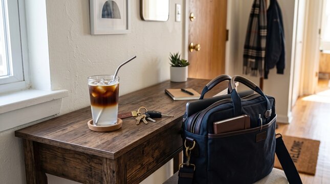 Iced coconut water americano with espresso layers sits on a wooden entryway console table next to a laptop bag and keys in a bright home interior.