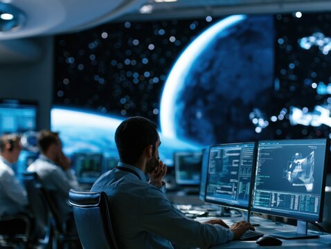 Engineers monitoring interplanetary mission operations in a deep space mission control center with multiple screens displaying spacecraft and star field visuals