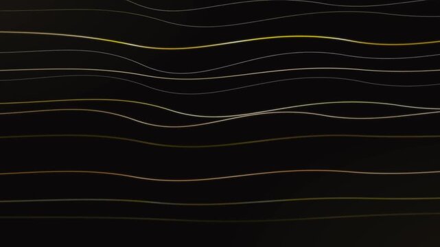 Minimalist gold wavy lines on black background, elegant flowing golden threads, luxury abstract motion graphics for premium brand identity