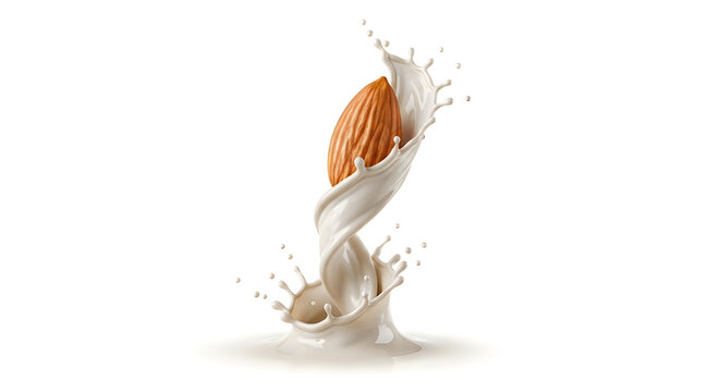 Fresh organic almond nut falling into a splash of creamy white almond milk on white background