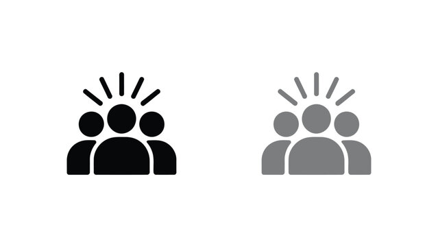 Teamwork collaboration vector icons with three human figures and radiating lines above central head in solid and gray styles, symbolizing communication, shared ideas, community, and group inspiration