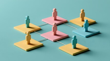 Obraz premium Strategic planning symbolic people distribution organizational chart business modeling management process visual communication flat design side view consulting theme 3D render colored pastel. 