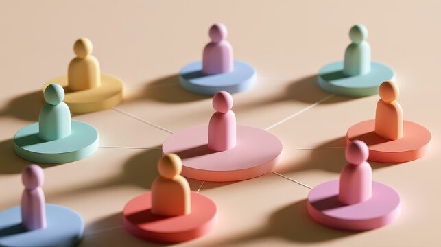 Strategic planning symbolic people distribution organizational chart business modeling management process visual communication flat design side view consulting theme 3D render colored pastel. 