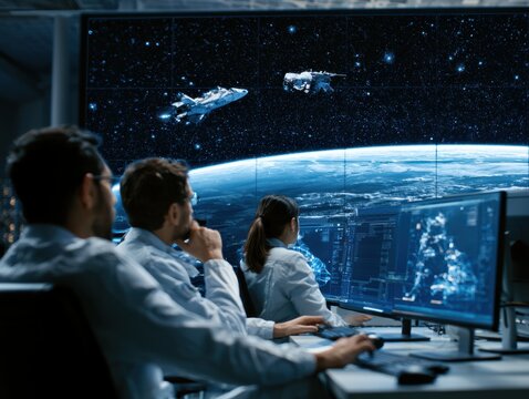 Engineers monitoring interplanetary mission from ultra-realistic deep space operations center with large display wall showing spacecraft and star field visualization