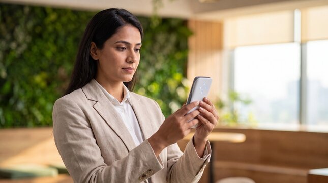 Young Indian female ESG auditor measuring indoor air quality with handheld sensor in modern biophilic corporate office, copy space