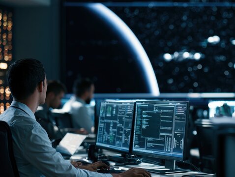 Engineers monitoring interplanetary mission operations in a deep space control center with large display wall showcasing star field and spacecraft visualization