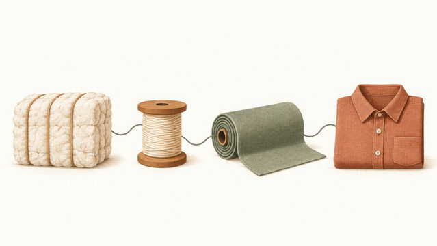 Cotton fiber transforms into thread then fabric and finally folded shirt, illustrating digital product journey with natural materials
