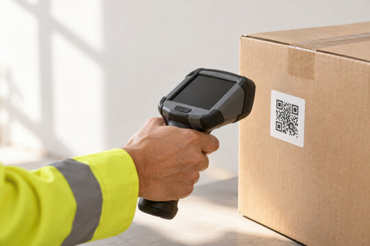 Digital product passport scanning with handheld device on cardboard box for inventory management and shipping process