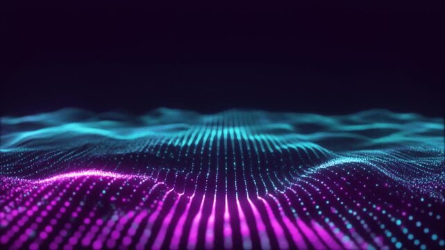 Abstract digital wave forms moving with glowing particles in a dark futuristic landscape