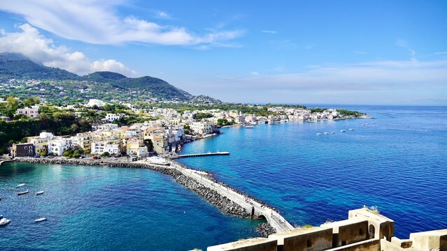 View of  Ischia Island and the town of Ischia Ponte, Italy