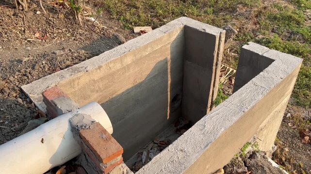 Close Up of Concrete Catch Basin with Drainage PVC Pipe