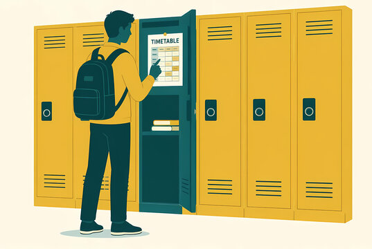 Flat Vector Illustration of a Male Student with Backpack Standing in Front of Yellow School Lockers Checking His Weekly Schedule Timetable for Classes in a High School Hallway